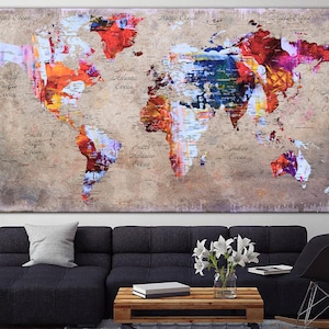 Impressão de mapa-múndi colorido abstrato, arte vibrante em mídia mista com textura rústica para decoração de parede moderna