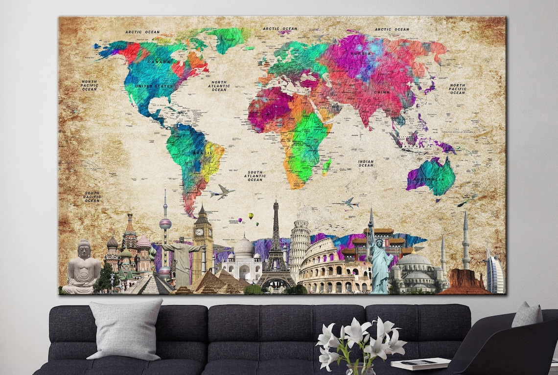 Large World Map Canvas Colorful Map of the World Print - Etsy