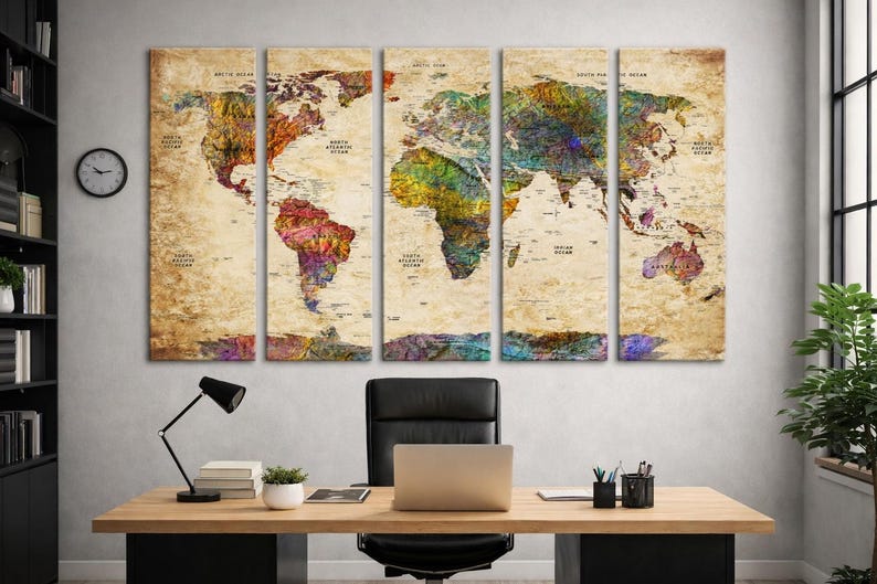Large Push Pin World Map Canvas – Vintage Travel Tracker Wall Art - Etsy