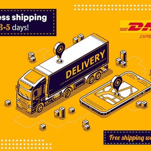 May include: A yellow background with a white truck labeled "DELIVERY" and a smartphone with a map showing a location pin. The truck is labeled with the DHL Express logo. The text "Express shipping 3-5 days!" and "Free shipping worldwide" are also included.