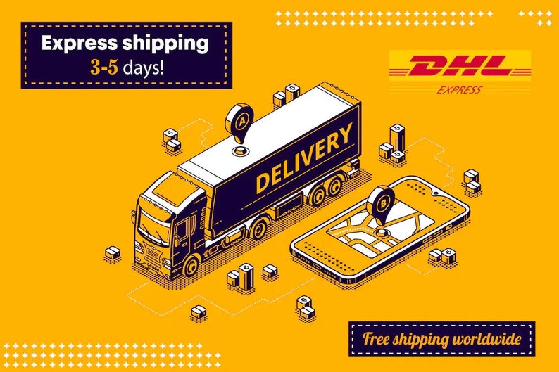 May include: A yellow background with a white truck labeled "DELIVERY" and a smartphone with a map showing a location pin. The truck is labeled with the DHL Express logo. The text "Express shipping 3-5 days!" and "Free shipping worldwide" are also included.
