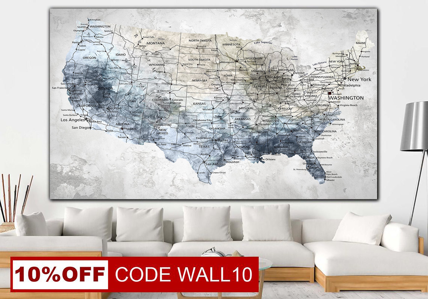 Large Wall Art United States Maps Travel USA Map Canvas Home | Etsy