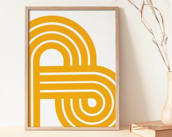 Moderno de mediados de siglo, arte mural de los años 70, estampado de arco iris, arte de pared retro, impresión retro retro, impresión retro, arte de pared amarillo retro