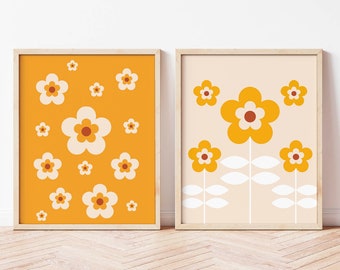 70s wall art, set of 2, 70s flowers print, 70 wall art, yellow retro  Print, Retro Print, retro wall art