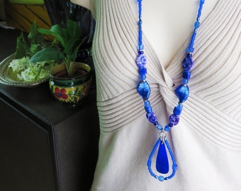 blue statement funky beaded pendant necklace, CO480