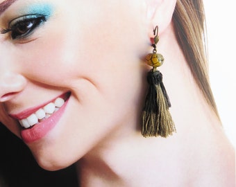 olive green tassel dangle earrings - BO555