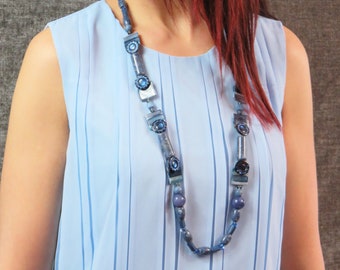 blue long chunky stone beaded necklace - CO443