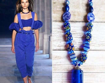 blue boho long beaded pendant necklace - CO445