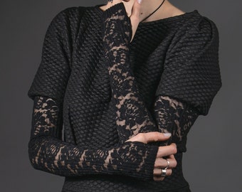 Black Lace Fingerless Gloves, Pleated Floral Wedding Sleeves, FG52-Lf2