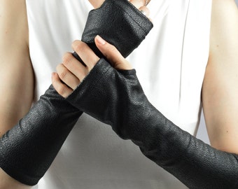 Faux Leather Fingerless Gloves, Long Mittens for Men & Women, Leather Arm Warmers, Custom Size