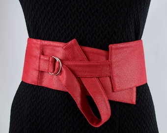 Red wide leather belt waist hips faux leather belt with buckle