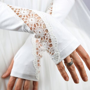 Witte armwarmers kant vingerloze handschoenen dameswanten custom lange linnen kant Renaissance handschoenen