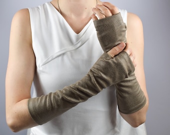 Beige leather fingerless gloves faux leather arm warmers unisex medieval gauntlets, ARW-30