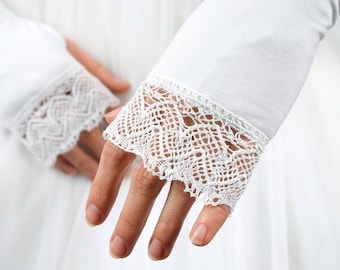 Weiße Arm Pulswärmer fingerlose Handschuhe Hochzeit Braut Ellbogen Spitzen Handschuhe
