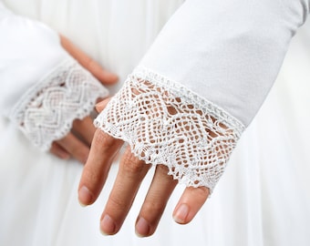 White arm wrist warmers fingerless gloves wedding bridal elbow lace gloves
