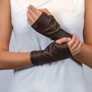 Guantes medievales de cuero, guantes de piel sintética marrón, guantes sin dedos negros, cubierta de tatuaje, WRW-16 imagen 1