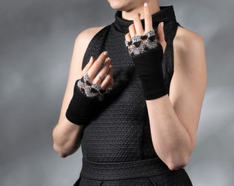 Zwarte vingerloze handschoenen armwarmers linnen kant festival dameswanten Renaissance handschoenen, WRW16-JL4