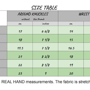 May include: A size table chart with black text on a white and light green background. The table lists sizes from XS to XXL with corresponding hand measurements in centimeters and inches for around the knuckles and the wrist. Text reads: Those are REAL HAND measurements. The fabric is stretchy.