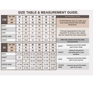 May include: A size table and measurement guide chart with text headers including SIZE TABLE & MEASUREMENT GUIDE. The chart displays rows for bust, waist, hips, upper arm, and wrist measurements in both centimeters and inches for US, UK, and EU/DE sizes.