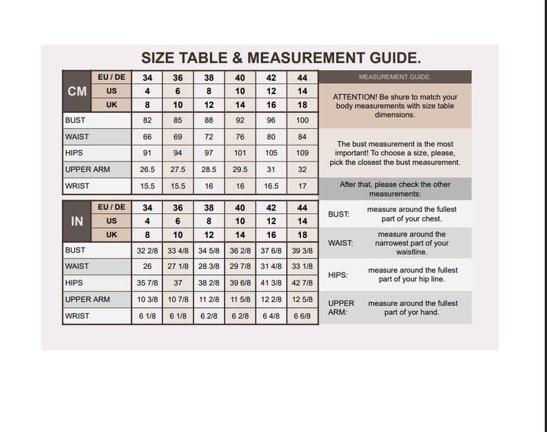 May include: A size table and measurement guide chart with text headers including SIZE TABLE & MEASUREMENT GUIDE. The chart displays rows for bust, waist, hips, upper arm, and wrist measurements in both centimeters and inches for US, UK, and EU/DE sizes.