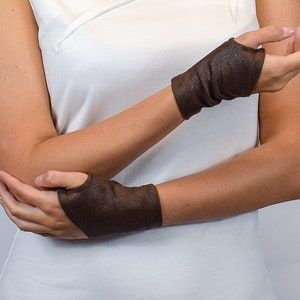 Brown faux leather wrist warmers, black medieval short gloves, gifts, WRW-12 image 5