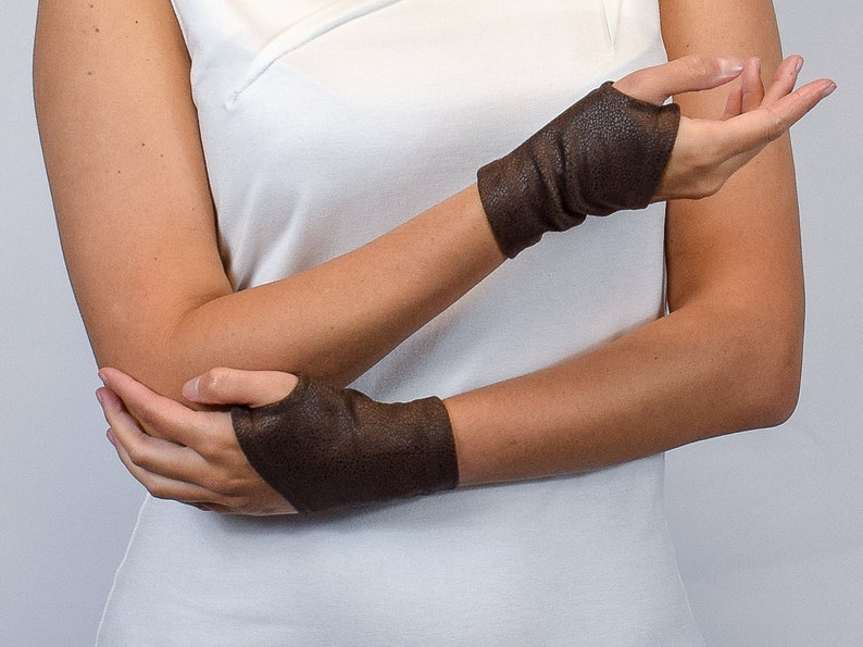 Brown faux leather wrist warmers, black medieval short gloves, gifts, WRW-12 image 5