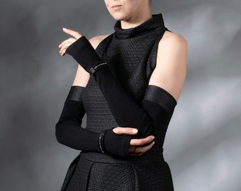 Black wool fingerless gloves Bracelets with rhinestones Elegant women's set for any occasion, ARW52-WLCr
