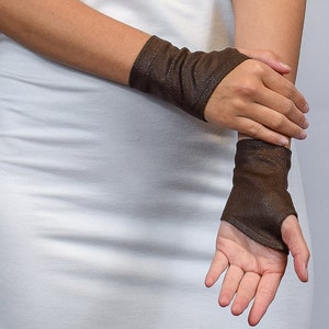 Brown faux leather wrist warmers, black medieval short gloves, gifts, WRW-12 image 1