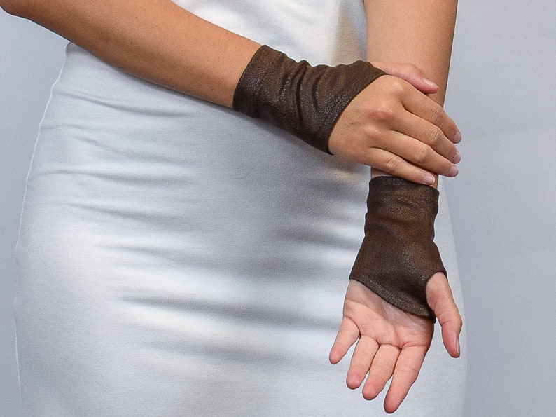 Brown faux leather wrist warmers, black medieval short gloves, gifts, WRW-12 image 1