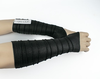 Faux Leather Fingerless Gloves, Elbow Arm Warmers with Pintucks, LARP, Gothic, Steampunk, Cyberpunk, Cosplay