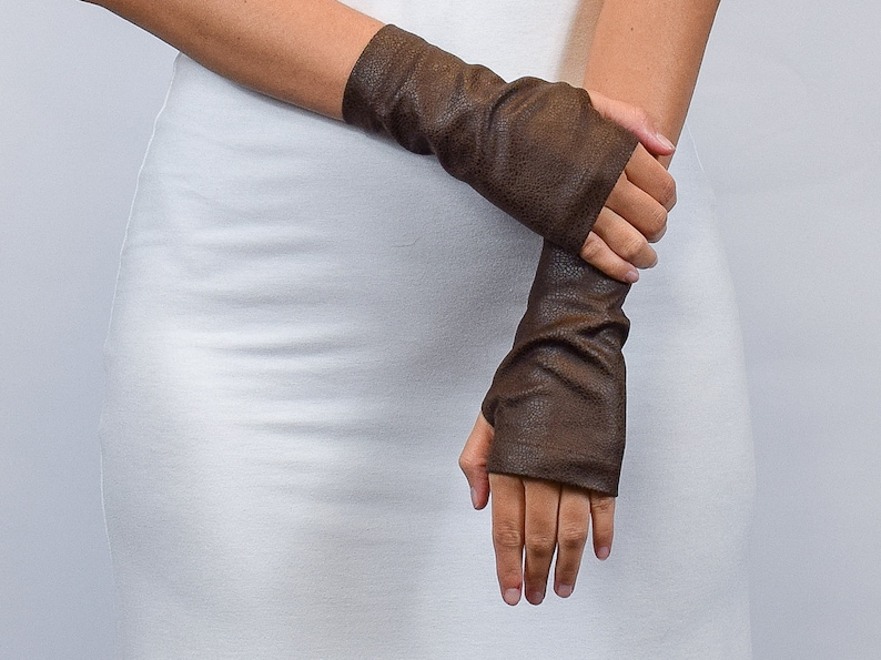 Guantes medievales de cuero, guantes de piel sintética marrón, guantes sin dedos negros, cubierta de tatuaje, WRW-16 imagen 4