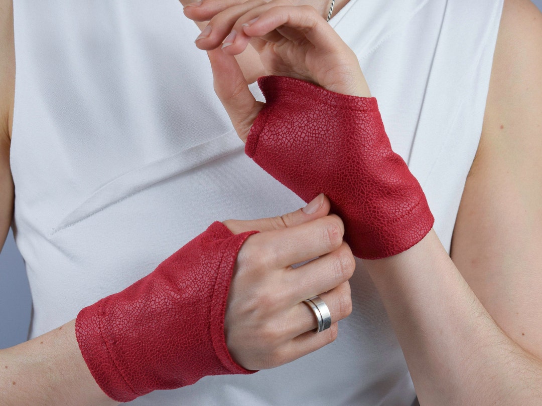 Red Leather Wrist Warmers, Faux Leather Fingerless Gloves, Tattoo Cover