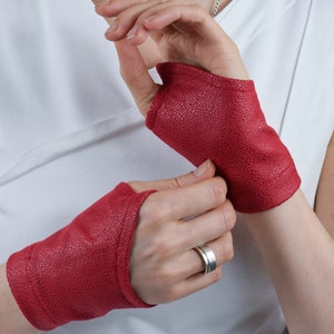 Red leather wrist warmers, faux leather fingerless gloves, tattoo cover, Khaki brown, WRW-12