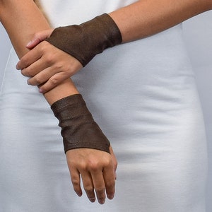 Brown faux leather wrist warmers, black medieval short gloves, gifts, WRW-12 image 4