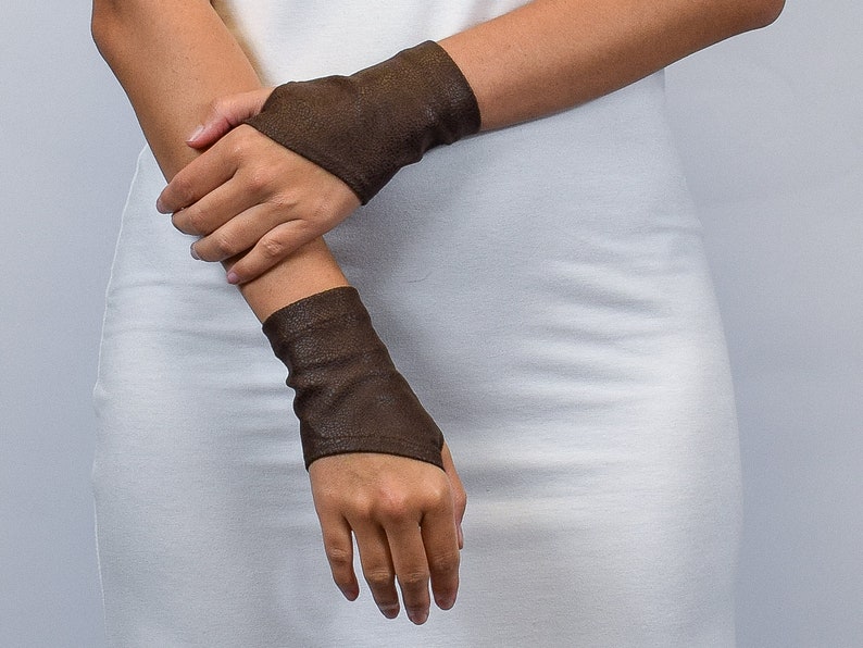 Brown faux leather wrist warmers, black medieval short gloves, gifts, WRW-12 image 4