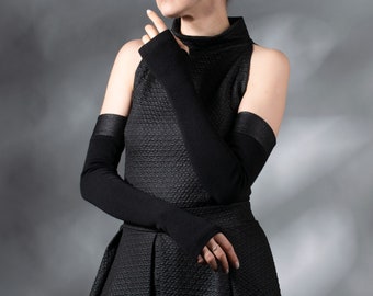 Black wool fingerless gloves elegant women's arm warmers for any occasion, ARW52-WL+GIFT