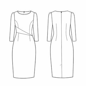 May include: A black and white technical line drawing of a dress shown from the front and back. The dress features three-quarter length sleeves, a round neckline, and a diagonal seam detail across the front bodice with a fitted silhouette.