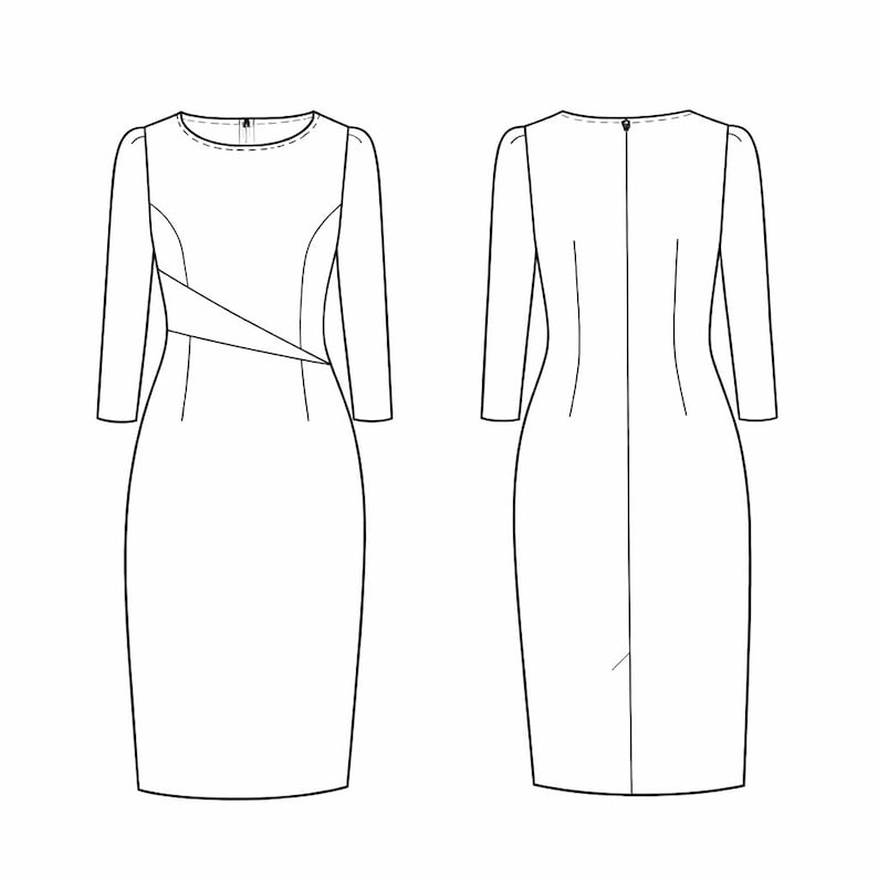 May include: A black and white technical line drawing of a dress shown from the front and back. The dress features three-quarter length sleeves, a round neckline, and a diagonal seam detail across the front bodice with a fitted silhouette.