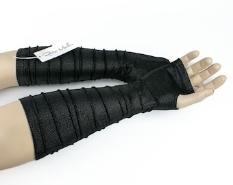 LARP, Gothic, Steampunk, Cyberpunk, Cosplay, Faux Leather Fingerless Gloves, Elbow Arm Warmers with Pintucks