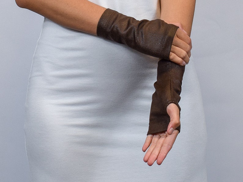 Guantes medievales de cuero, guantes de piel sintética marrón, guantes sin dedos negros, cubierta de tatuaje, WRW-16 imagen 5