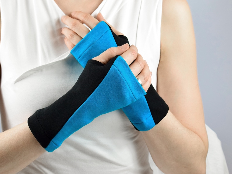 Wrist warmers blue arm warmers black fingerless gloves womens Etsy