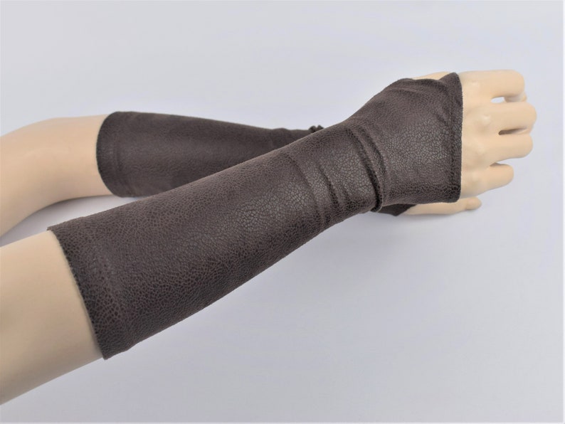 Brown leather fingerless gloves black faux leather medieval arm warmers, festival gauntlets ARW-12_30 image 1