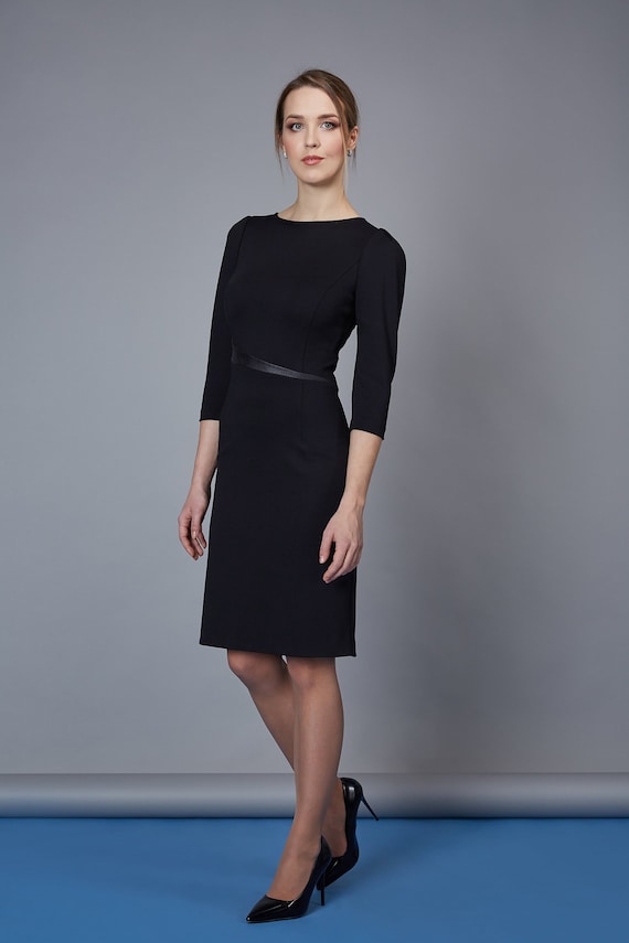 Pencil Dress,  Elegant Office Dress, Black Casual Outfit with Faux Leather Element, LIRA
