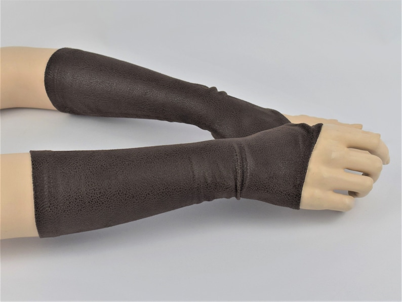 Brown leather fingerless gloves black faux leather medieval arm warmers, festival gauntlets ARW-12_30 image 4