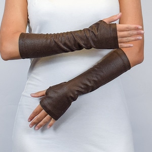 Brown leather fingerless gloves black faux leather men's and women's arm warmers, medieval accessories, ARW-30 zdjęcie 1
