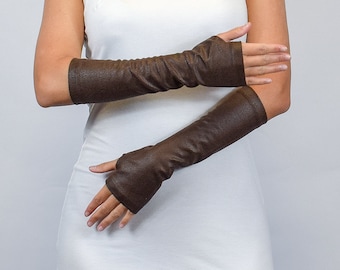 Brown leather fingerless gloves black faux leather men's and women's arm warmers, medieval accessories, ARW-30