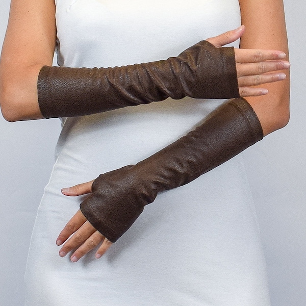 Brown leather fingerless gloves black faux leather men's and women's arm warmers, medieval accessories, ARW-30