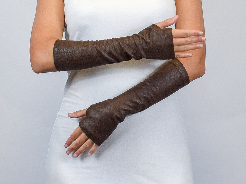 Brown leather fingerless gloves black faux leather men's and women's arm warmers, medieval accessories, ARW-30 zdjęcie 1