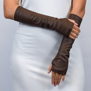 Brown leather fingerless gloves black faux leather men's and women's arm warmers, medieval accessories, ARW-30 zdjęcie 4