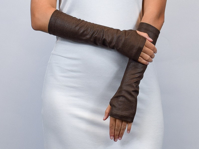 Guantes sin dedos de cuero marrón calentadores de brazos de cuero sintético negro para hombres y mujeres, accesorios medievales, ARW-30 imagen 4